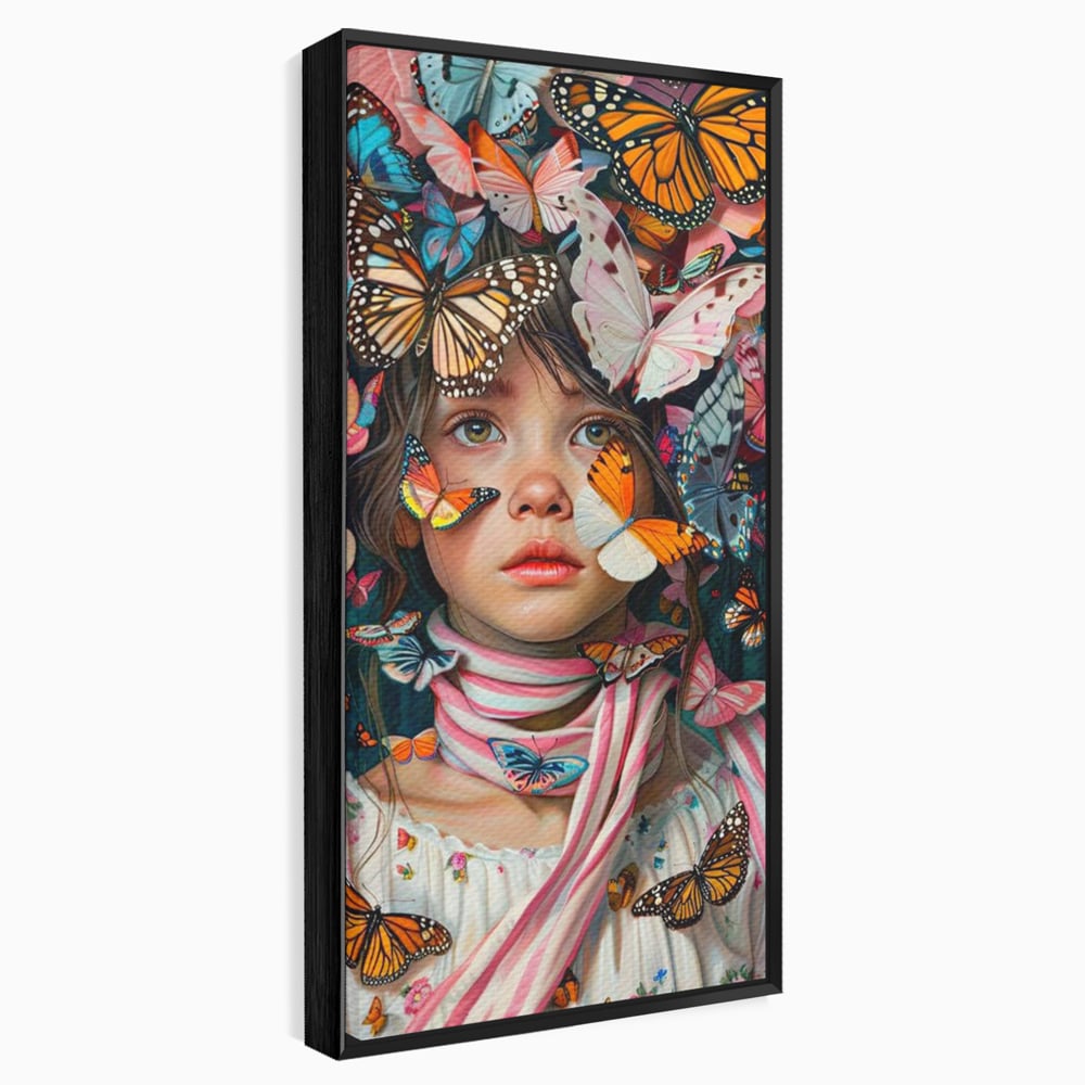 Tablou canvas cu tablou canvas cu fata si fluturi colorati, in rama de aluminiu negru